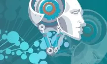 Illustration of a robotic head with DNA strands in the background.