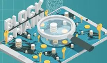 Digital tablet displaying 3D blockchain concept with magnifying glass.