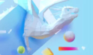Abstracte draak met geometrische vormen en pastelkleurige elementen op een blauwe achtergrond.
