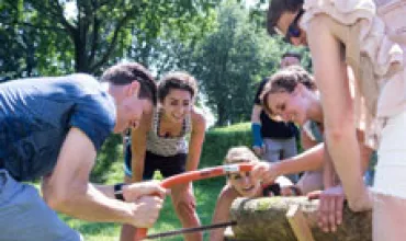 Groep mensen zaagt houtstam buiten in de zon.