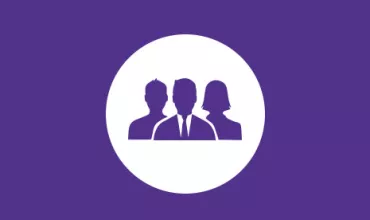 Icon of three silhouettes in a circle on a purple background.