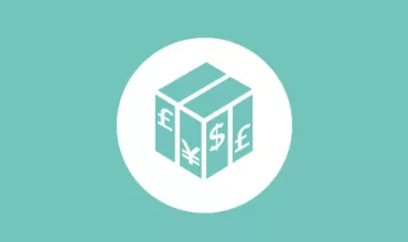 Box icon with currency symbols inside a circle.