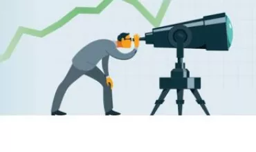 Illustration of a person using a telescope with a rising graph.
