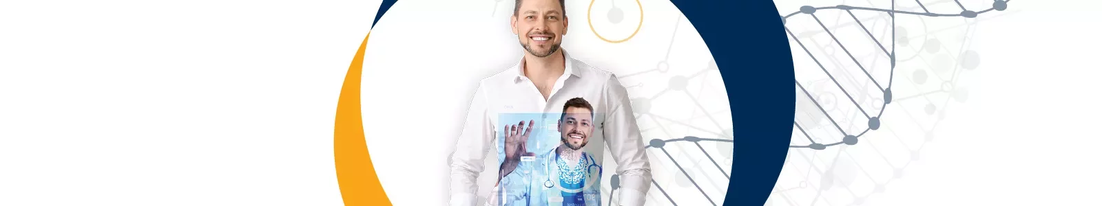 Glimlachende persoon met een holografische afbeelding van een arts op de achtergrond.