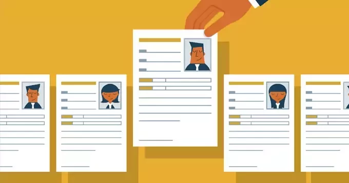 Illustratie van een hand die een cv uit een rij cv's pakt.