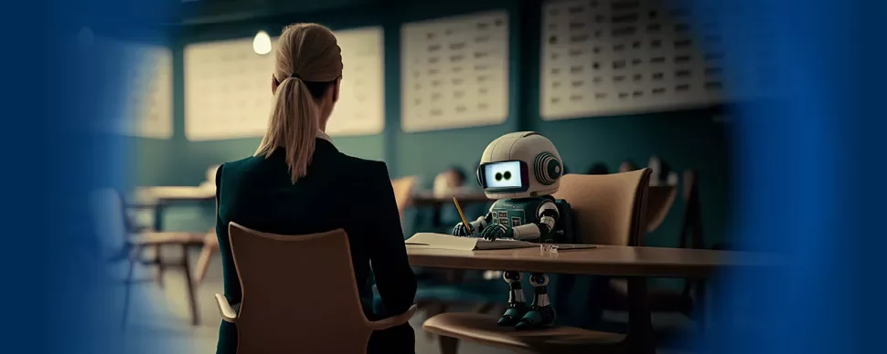 Een robot en een persoon tegenover elkaar aan een tafel in een moderne kamer.