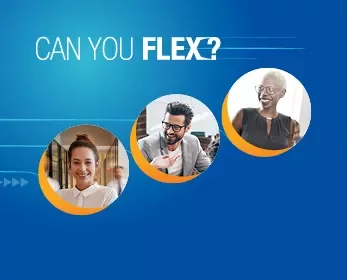 Blue background with 'Can you flex?' text and three people in circles.