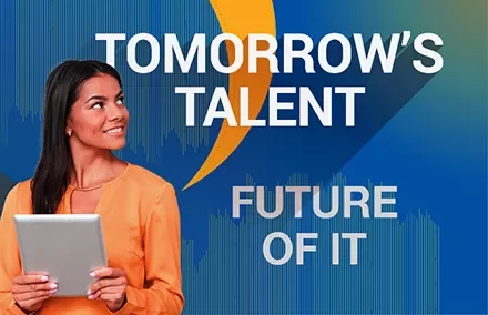 Vrouw houdt tablet vast, met tekst: 'Tomorrow's Talent - Future of IT' op achtergrond.