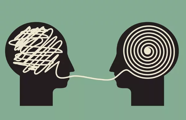 Illustration of two heads, with a line connecting a complex scribble to an orderly spiral.