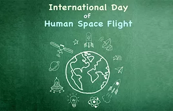 Illustration of space travel symbols around a globe with text above.