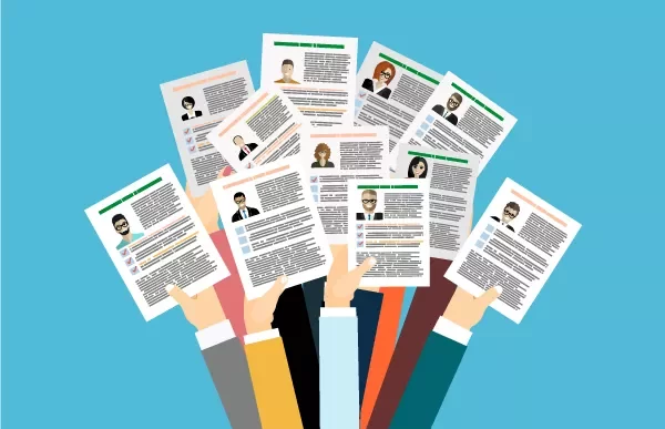 Illustration of hands holding resumes against a blue background.