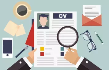 Illustration of a desk with a CV, magnifying glass, and glasses.