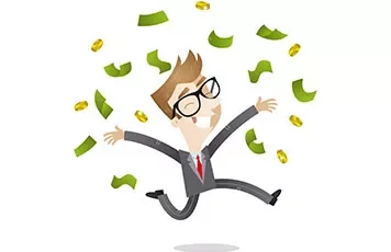Cartoon person jumping joyfully as money falls around.