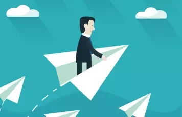 Illustration of a person riding a paper airplane in a blue sky.