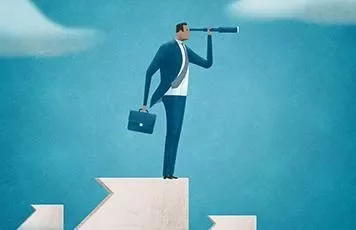 Illustration of a person with a briefcase and telescope on a cliff.
