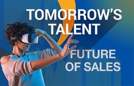 Persoon met VR-headset en tekst: Morgen's Talent, Toekomst van Verkoop