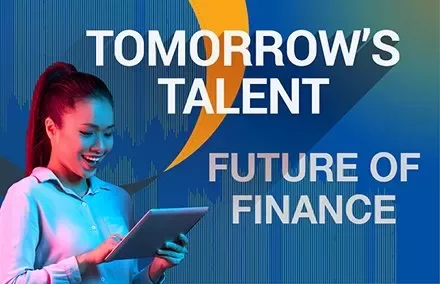 Person reading tablet with text: Tomorrow's Talent, Future of Finance.