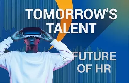 Persoon met VR-headset, tekst: Toekomstige talenten in HR.